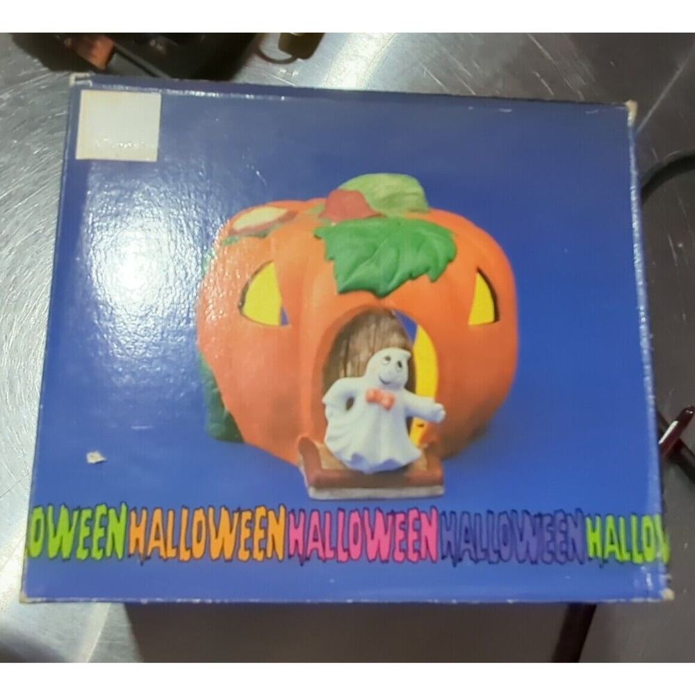 Vintage Votive Candle Holder Halloween Pumpkin & ghost Figurine Hand Painted - Picture 3 of 3